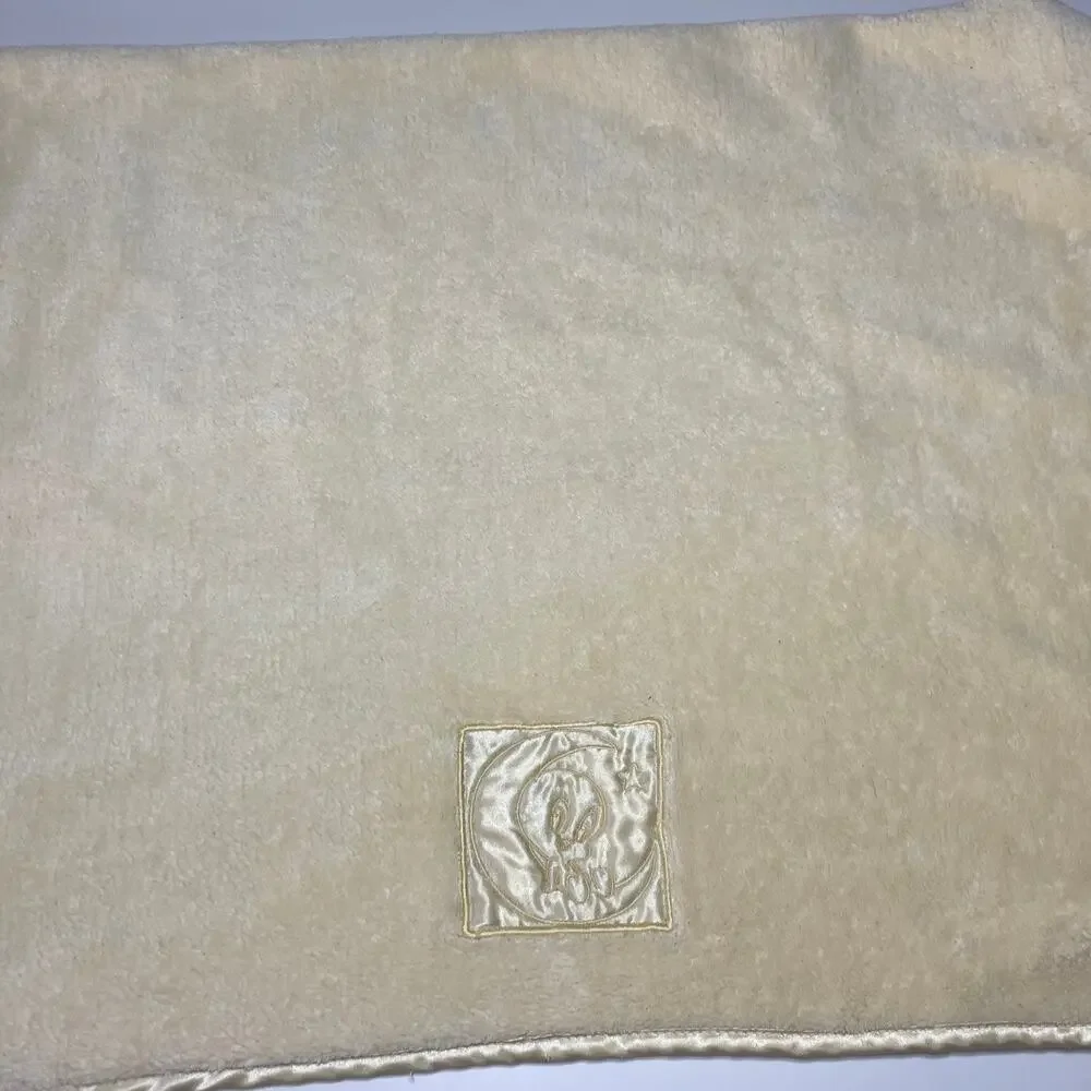Vintage Baby Looney Tunes Tweety Bird Blanket Yellow Fleece Mink Satin Edge READ